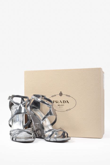 Prada Prada Chrome Capretto Lamina Wedge Sandals 